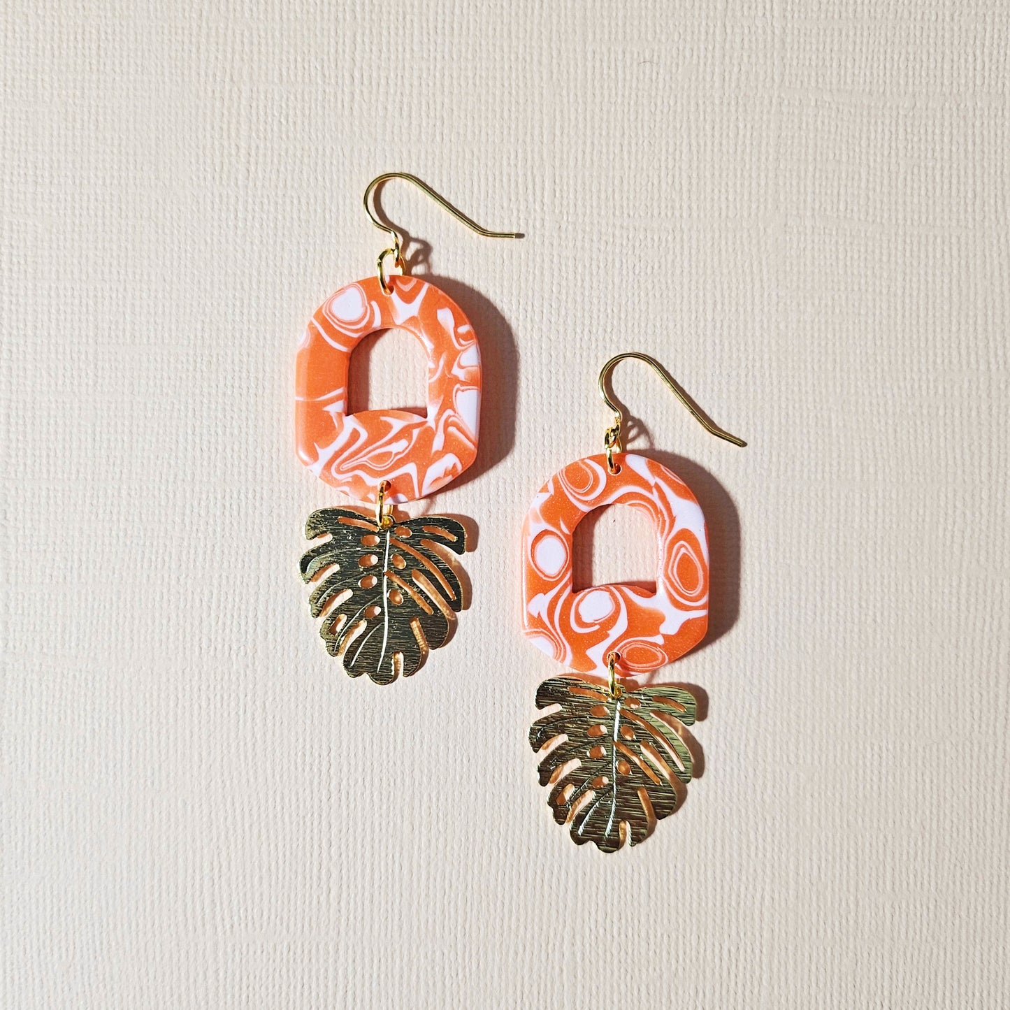 Wavy Orange Monstera Charm Earrings