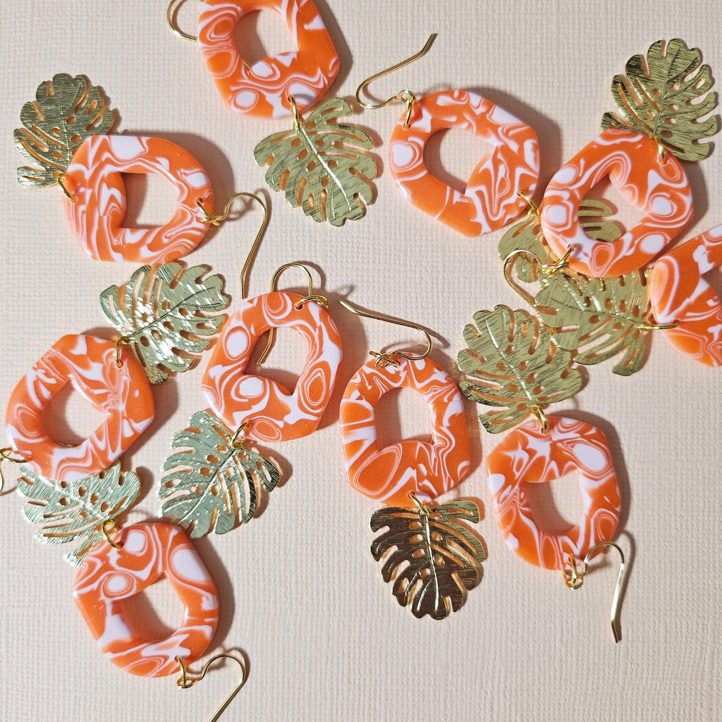 Wavy Orange Monstera Charm Earrings