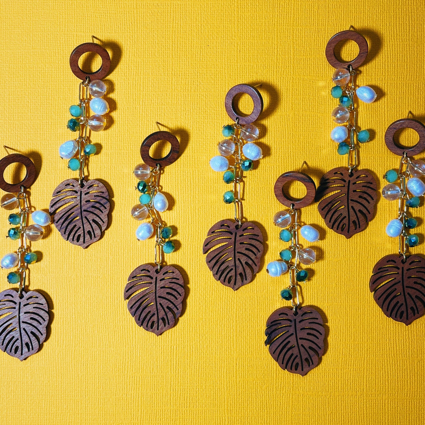 Wood Monstera Earring with Mixed Beads