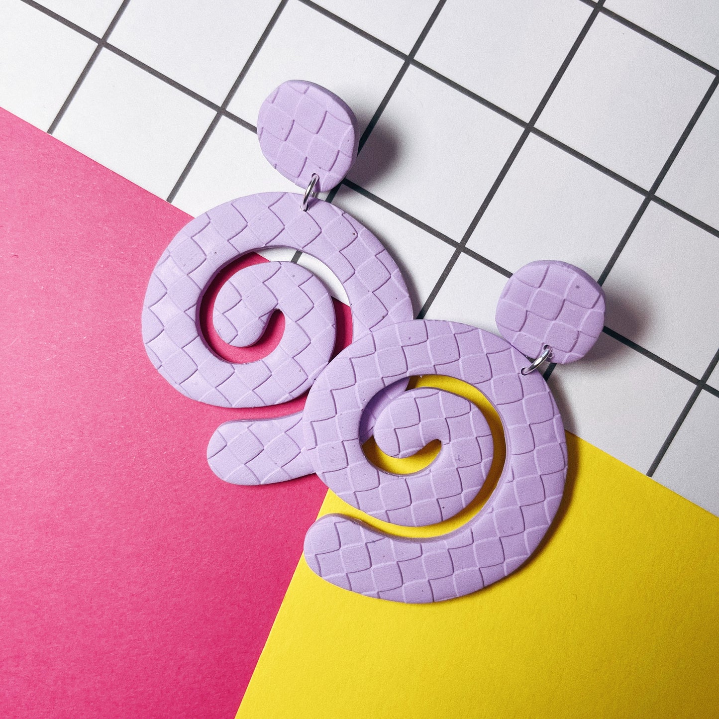 Textured Checker Purple Squiggle Earrings