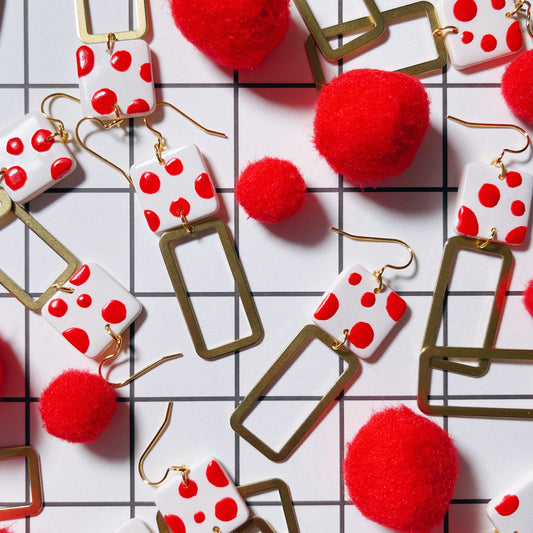 Red/White Dots Earring with Brass Charm