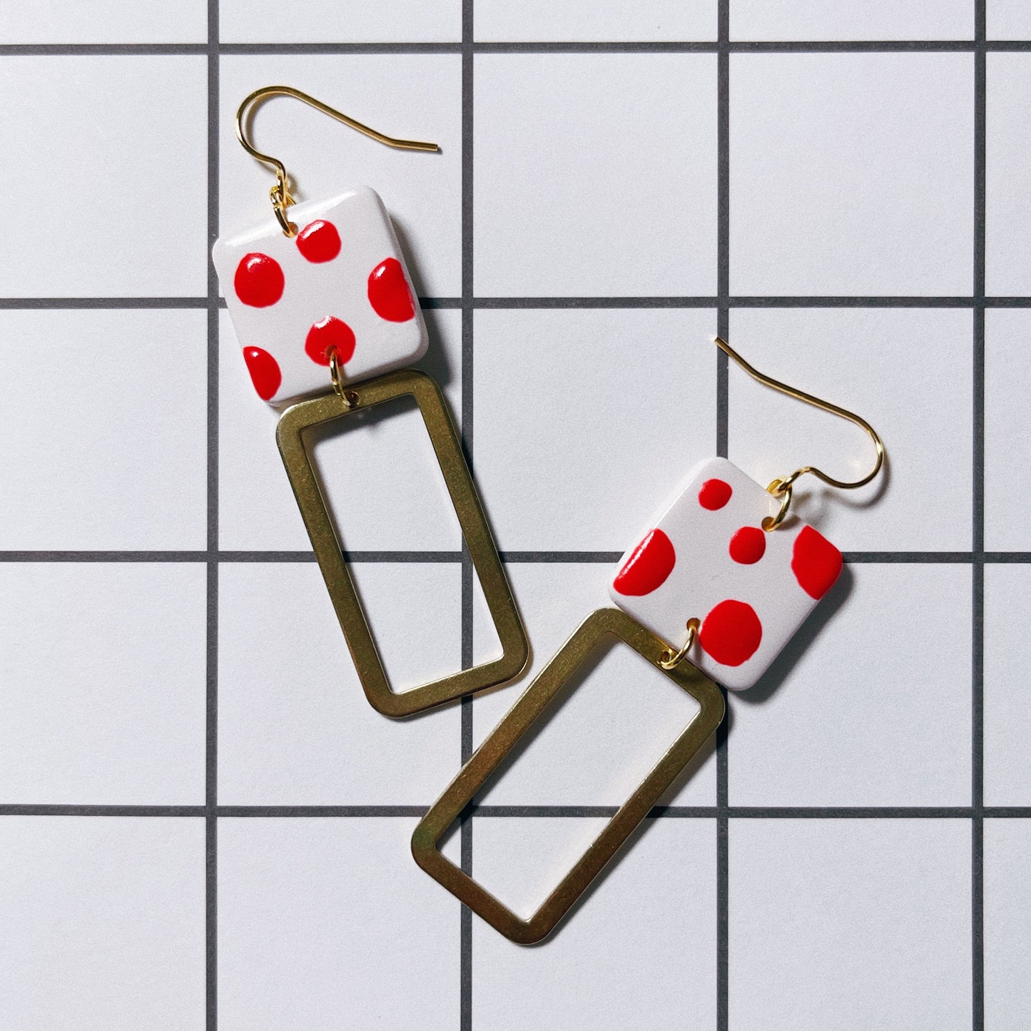 Red/White Dots Earring with Brass Charm