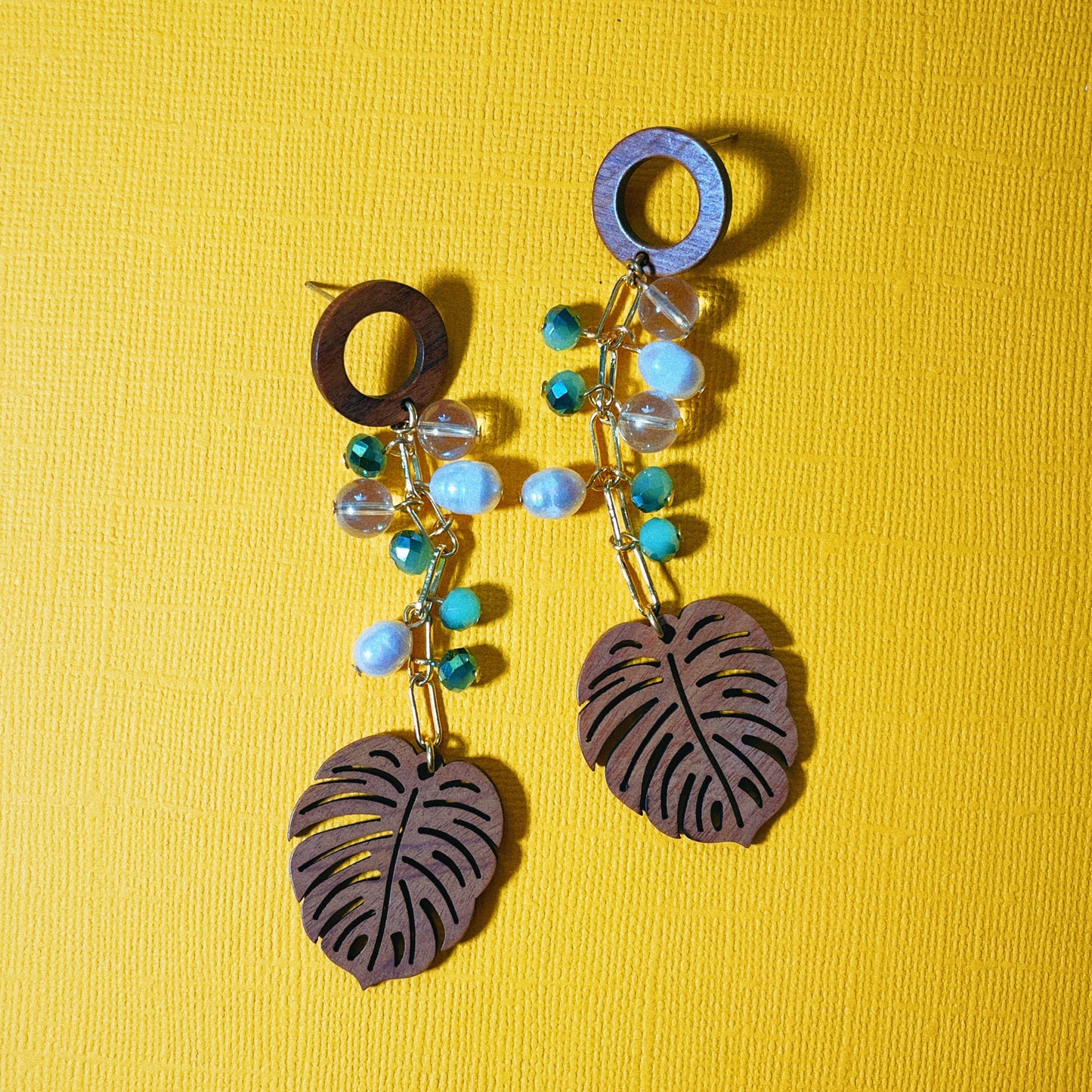 Wood Monstera Earring with Mixed Beads