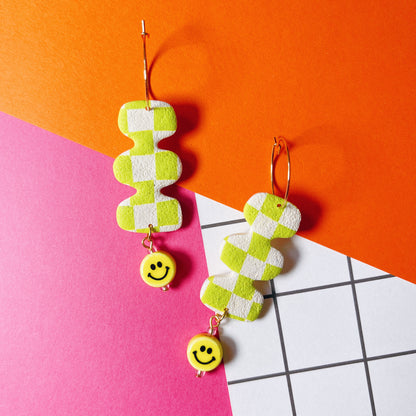 Lime Checkered Blobby Earrings with Smiley Charm